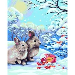Peinture Numéro Kit Peinture Par Numéros Wizardi Lapins En Forêt D'Hiver 40x50 Cm L018