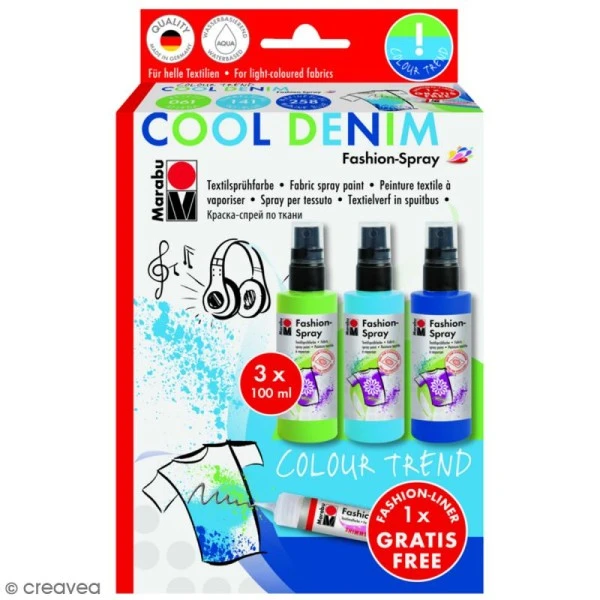 Marabu Peinture Tissu Marabu Fashion Kit Peinture Textile Fashion Spray - Assortiment Blue Denim - 3 X 100 Ml 3 Marabu Peinture Tissu Marabu Fashion Kit Peinture Textile Fashion Spray - Assortiment Blue Denim - 3 X 100 Ml