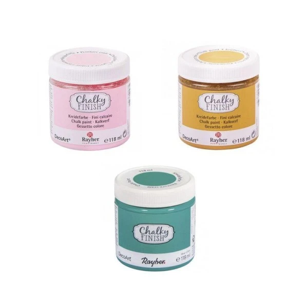 Peinture craie Chalky Finish 118 ml x 3 - mirabelle-vert d'eau-rose Rayher Peinture Effet Craie Peinture Craie Chalky Finish 118 Ml X 3 - Mirabelle-vert D'eau-rose -Creavea Shop peinture craie chalky finish 118 ml x 3 mirabelle vert deau rose p